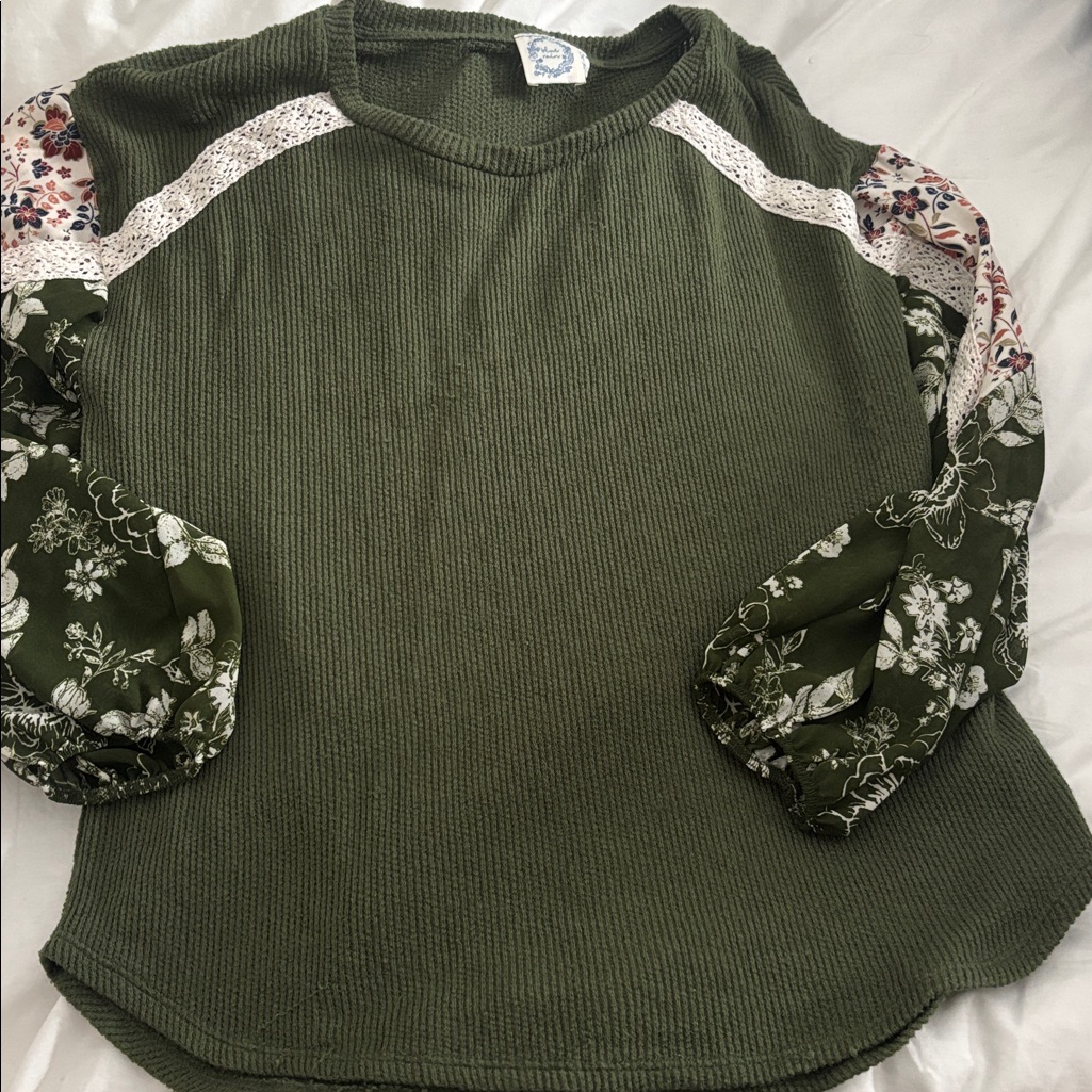 Blue Rain Top Green Thermal Knit Lace Floral Sleeves Boho Style Stretch